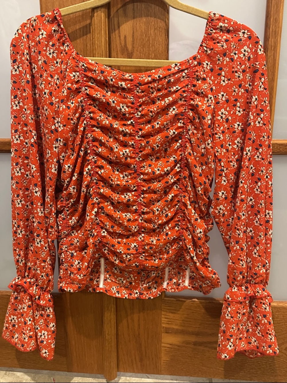 gimmicks by BKE Orange Floral Ruched Square-Neck Blouse - Picture 5 of 8